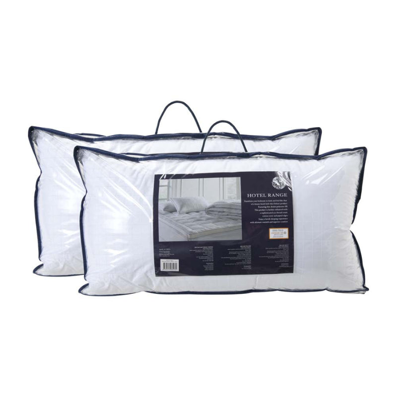 alt="Transparent bag of a luxurious King Size Pillow with fine denier polyester fill and a 375 thread count cotton cover."