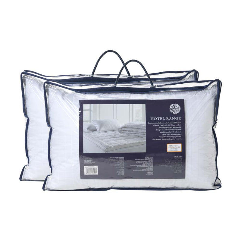 alt="Transparent bag of a luxury standard pillow with fine denier polyester fill and a 375 thread count cotton cover."