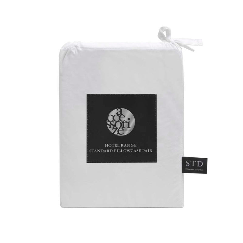 alt="Showcasing front view packaging of white deluxe cotton standard pillowcase"