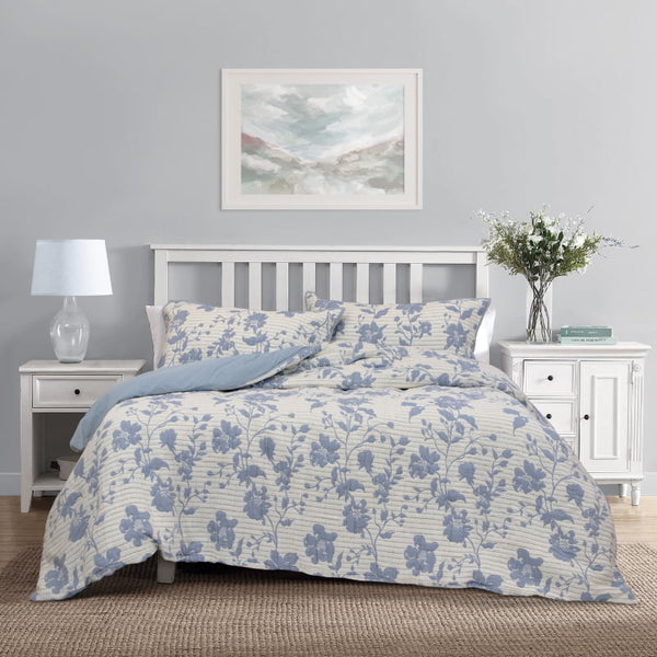 A serene blue and white floral quilt cover and pillowcases, reflecting nature's beauty and comfort in bedroom design.