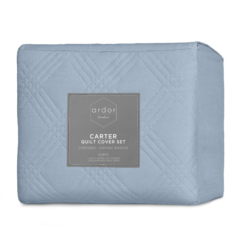 Front packaging of a blue quilted bedding set with a modern geometric design, perfect for a relaxing and stylish bedroom retreat.