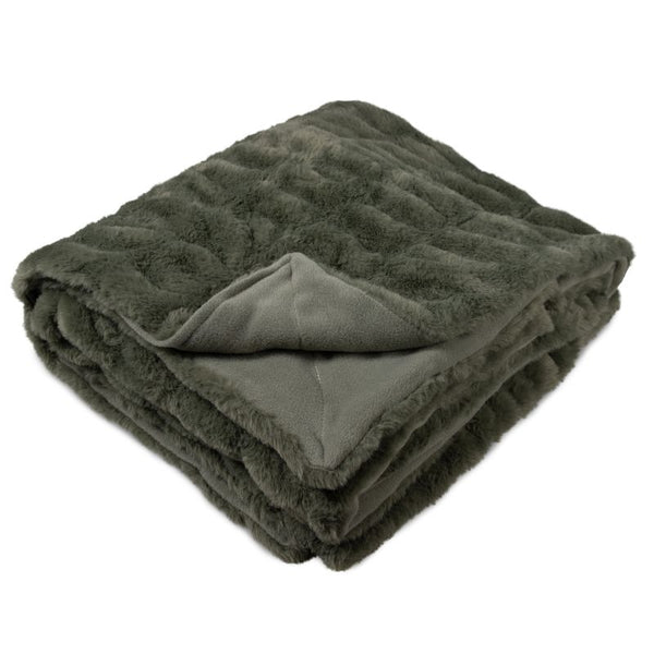 A luxurious khaki throw with a soft, plush texture and earthy colour, featuring a green throw with a black trim.