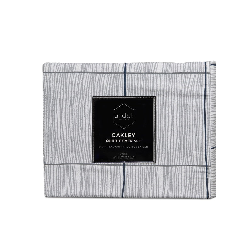 Front packaging details of a serene  Ardor Oakley Multi Quilt Cover Set's classic design.