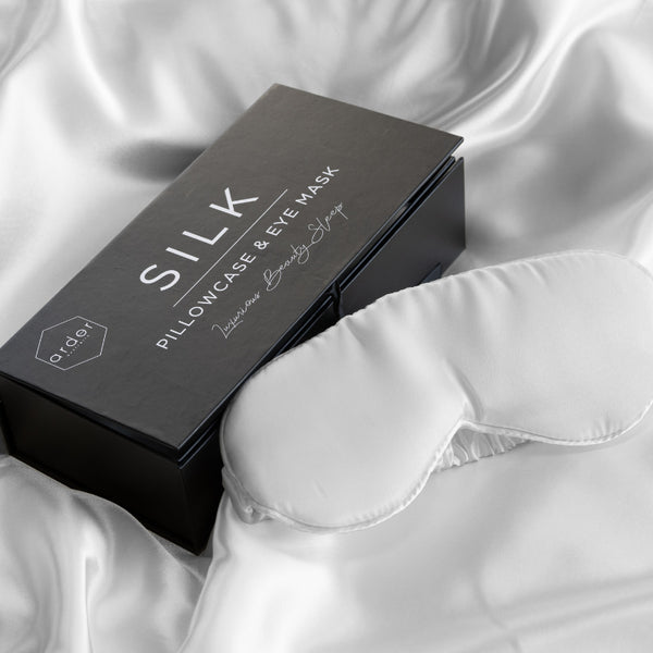 Soft gentle 100% mulberry silk eye mask as you lay on a soft silk-satin pillowcase known to be gentle on your skin.