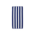 A blue and white beach towel featuring a white stripe, made from repurposed cotton for sustainable beach enjoyment.