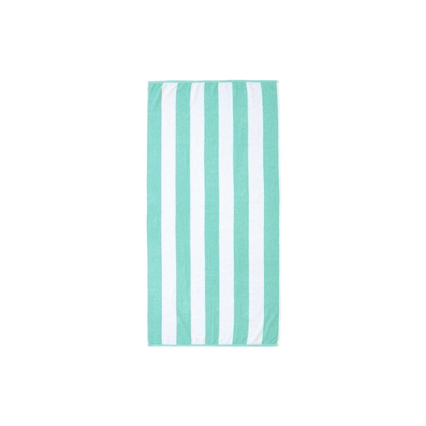 Eco-friendly beach towel featuring green and white stripes, crafted from recycled cotton for a soft and absorbent experience.