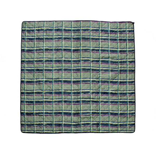 A green plaid picnic rug set against a white background, suitable for various outdoor activities and family gatherings.