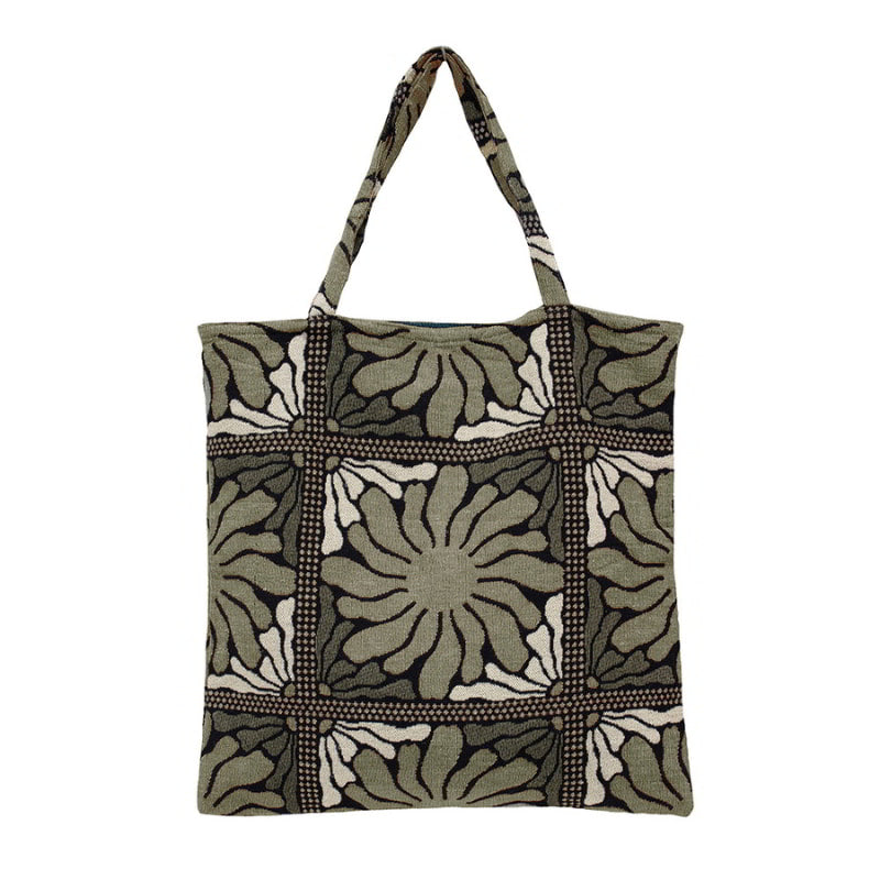 A green moss zinnia tote bag featuring a bold floral pattern, perfect for sustainable fashion and everyday use.