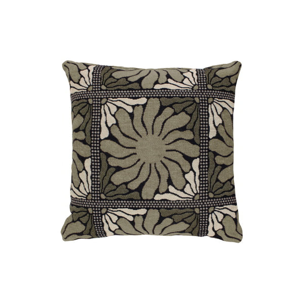 The Zinnia Moss Cushion features a floral pattern, perfect for adding comfort and style to any setting.