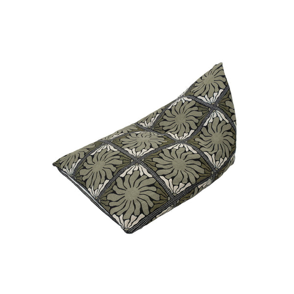 A stylish green bean bag, adorned with a flower pattern, enhancing the warmth and beauty of your living space.