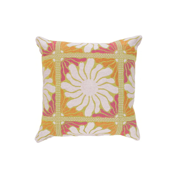  A vibrant Zinnia Sorbet pillow featuring a large flower design, perfect for adding cheer to any living space.