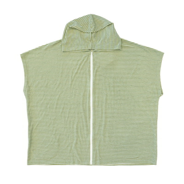 A green and white striped hooded poncho made of soft cotton terry, perfect for comfort after swimming or traveling.