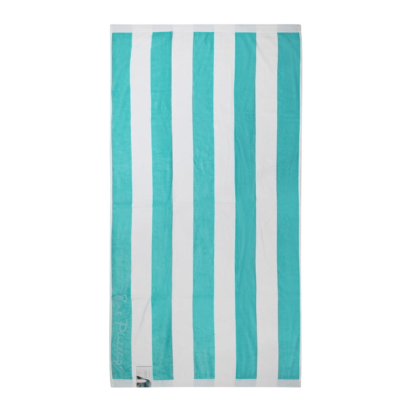 Back details of Cabana aqua beach towel showcasing a soft and absorbent cotton that is ideal for seaside relaxation.