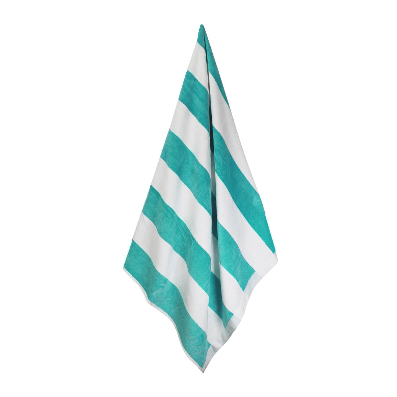 Hanging details of Cabana aqua beach towel showcasing a soft and absorbent cotton that is ideal for seaside relaxation.