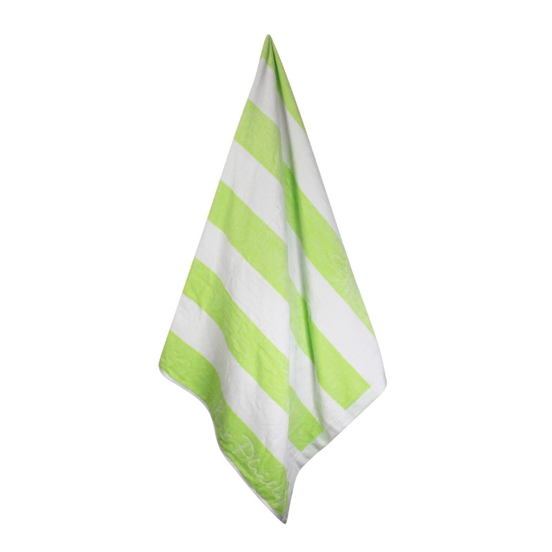 Hanging details of Cabana lime beach towel showcasing a soft and absorbent cotton that is ideal for seaside relaxation.