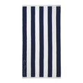 Front details of Cabana navy beach towel showcasing a soft and absorbent cotton that is ideal for seaside relaxation.