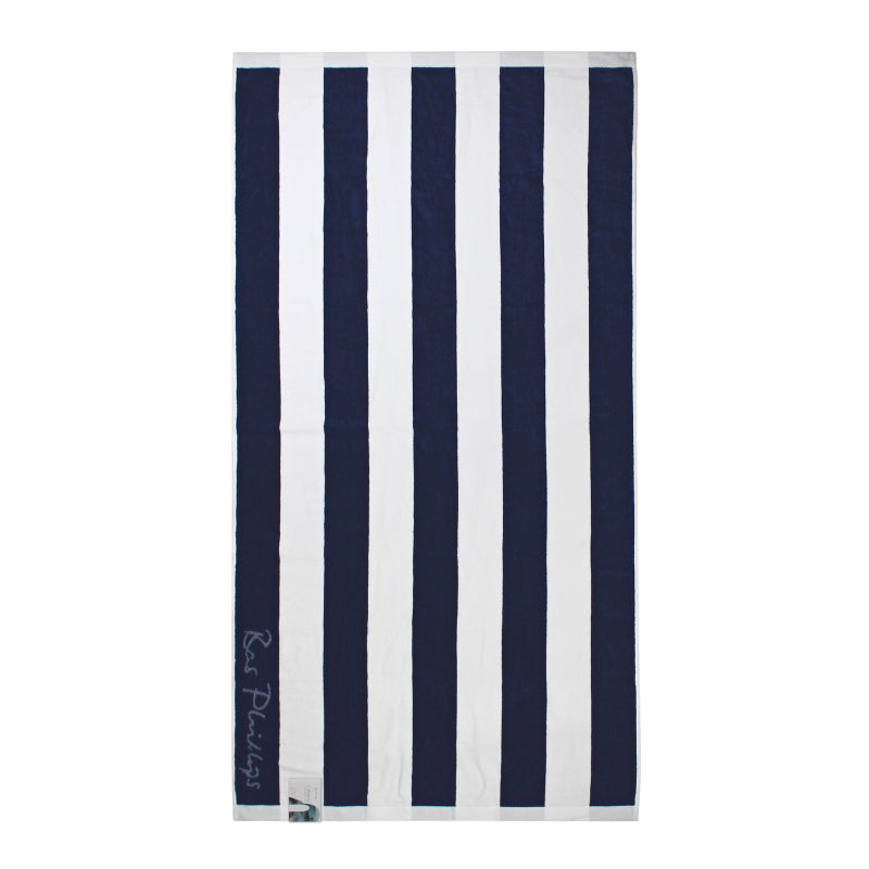 Back details of Cabana navy beach towel showcasing a soft and absorbent cotton that is ideal for seaside relaxation.