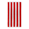 Front details of Cabana red beach towel showcasing a soft and absorbent cotton that is ideal for seaside relaxation.