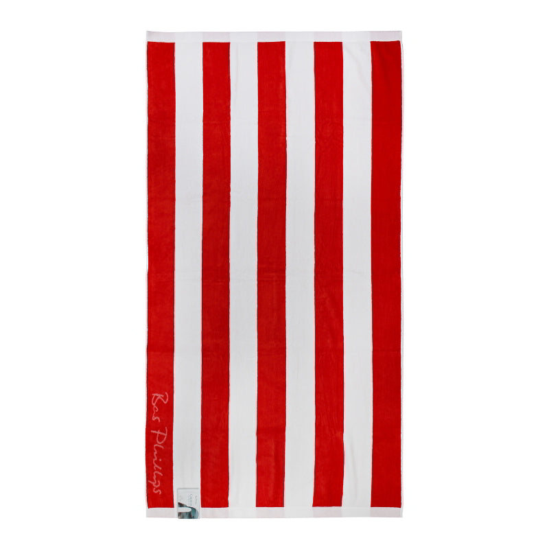 Back details of Cabana red beach towel showcasing a soft and absorbent cotton that is ideal for seaside relaxation.