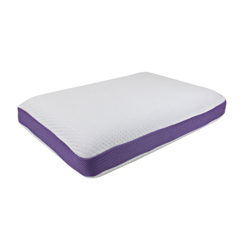 Side details of a lavender memory foam pillow giving a sound therapeutic slumber.