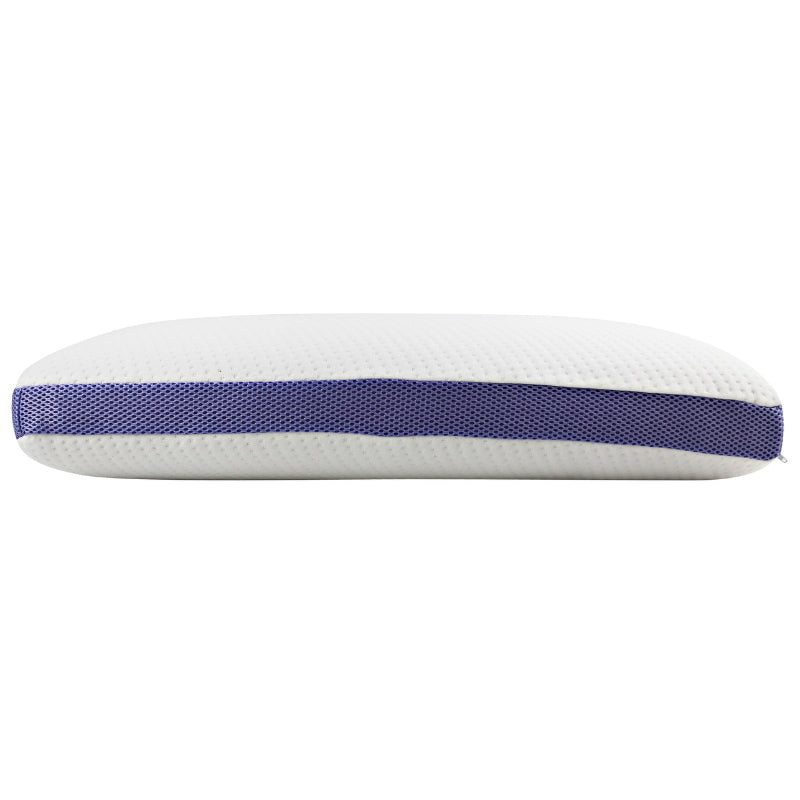 Front details of a side angle of a lavender memory foam pillow giving a sound therapeutic slumber.