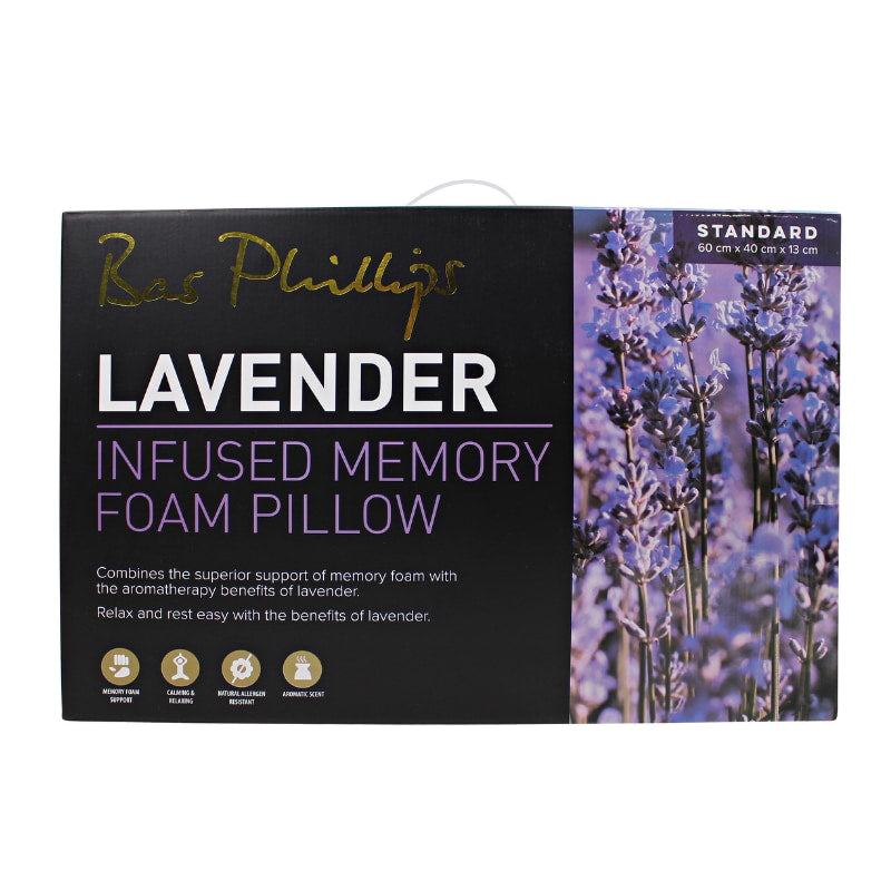 Front details of a nice package of a lavender memory foam pillow giving a sound therapeutic slumber.