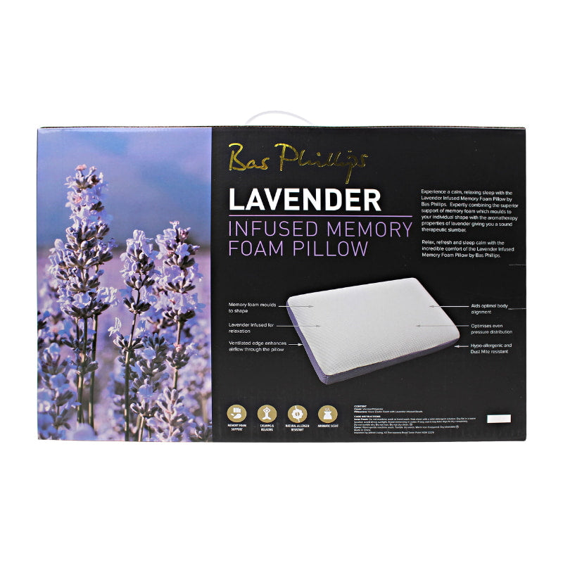 Back details of a nice package of a lavender memory foam pillow giving a sound therapeutic slumber.