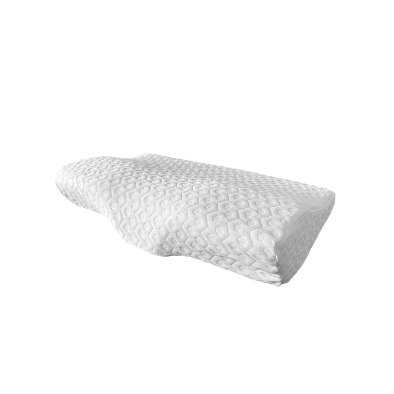 Side view of a contour memory foam pillow designed for comfort, featuring 3D Memcell technology for personalized support and pressure relief.