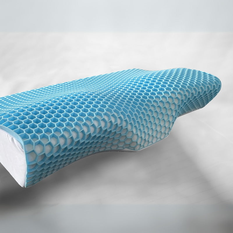 Side view of a contour memory foam pillow with a cover designed for comfort, featuring 3D Memcell technology for personalized support and pressure relief.