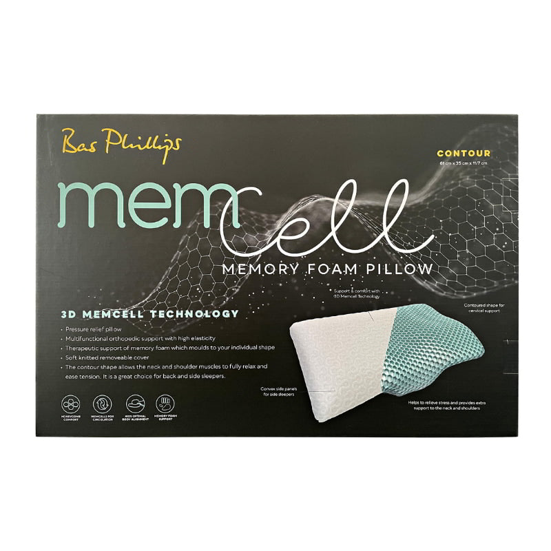 Packaging details of the contour memory foam pillow designed for comfort, featuring 3D Memcell technology for personalized support and pressure relief.