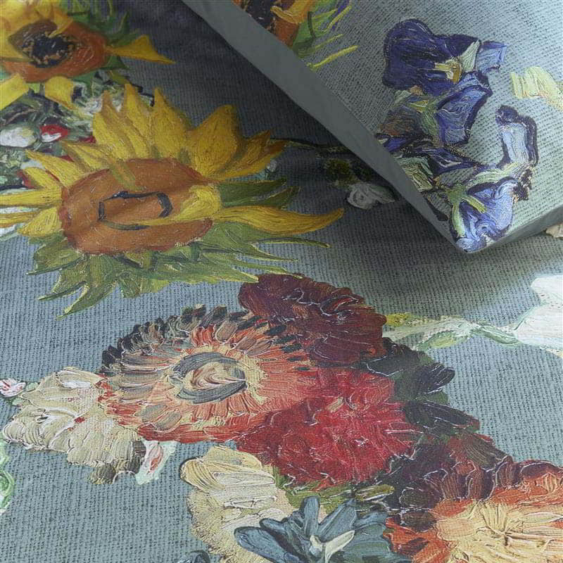 alt="Close-up look of a quilt cover set inspired by Van Gogh Museum's 50th-anniversary bouquet, featuring a floral pattern on a green background."