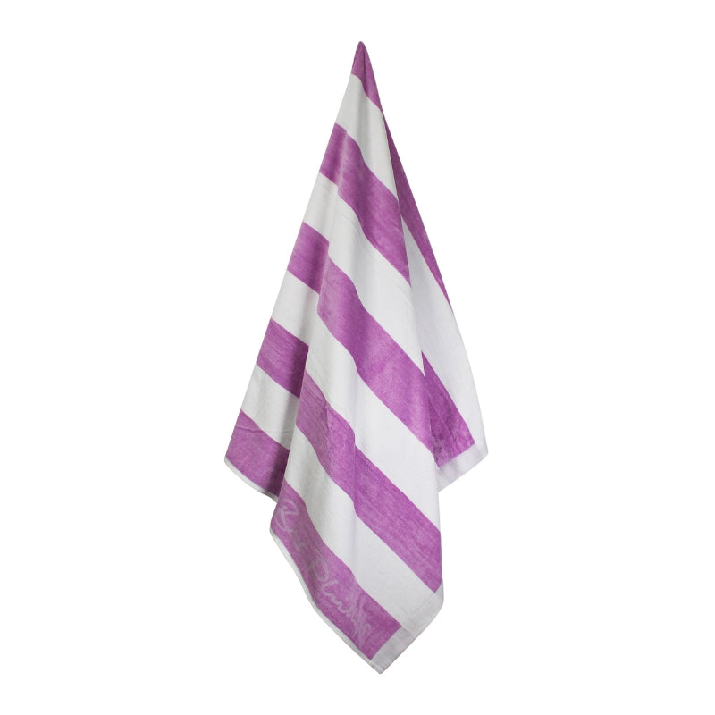 Hanging details of Cabana lilac beach towel showcasing a soft and absorbent cotton that is ideal for seaside relaxation.