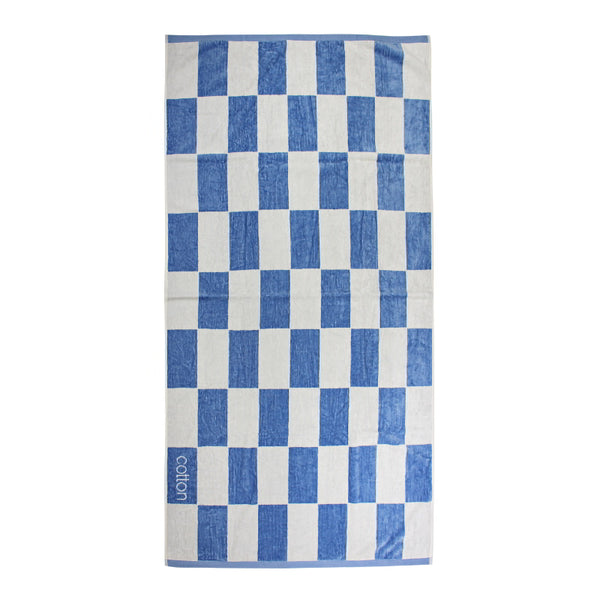 Front details of a calming coast checkerboard design towel, ideal for a tranquil beach day experience.