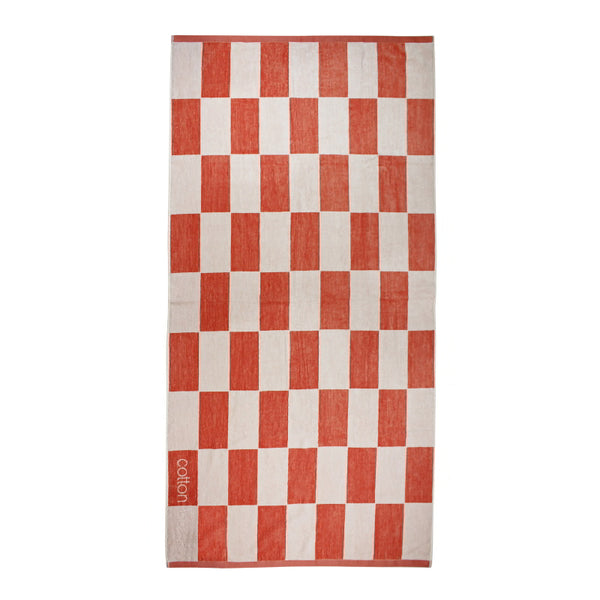 Front details of a calming coral checkerboard design towel, ideal for a tranquil beach day experience.