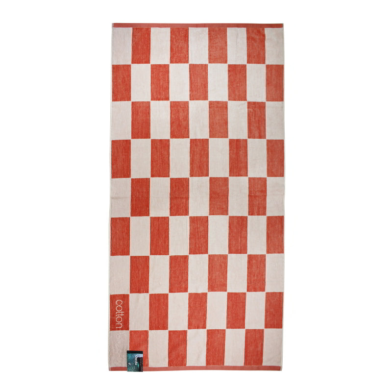 Back details of a calming coral checkerboard design towel, ideal for a tranquil beach day experience.