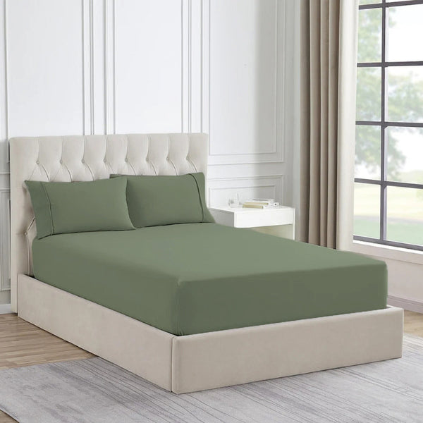 Luxurious Ddecor Home 1500 Thread Count Sage Fitted Sheet and Pillowcase Set, combining cotton and polyester for comfort and easy care to your bedroom.