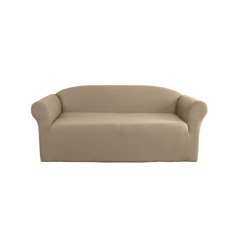 A 2-seater tan sofa cover is enhancing the aesthetic appeal and comfort of the surrounding environment.