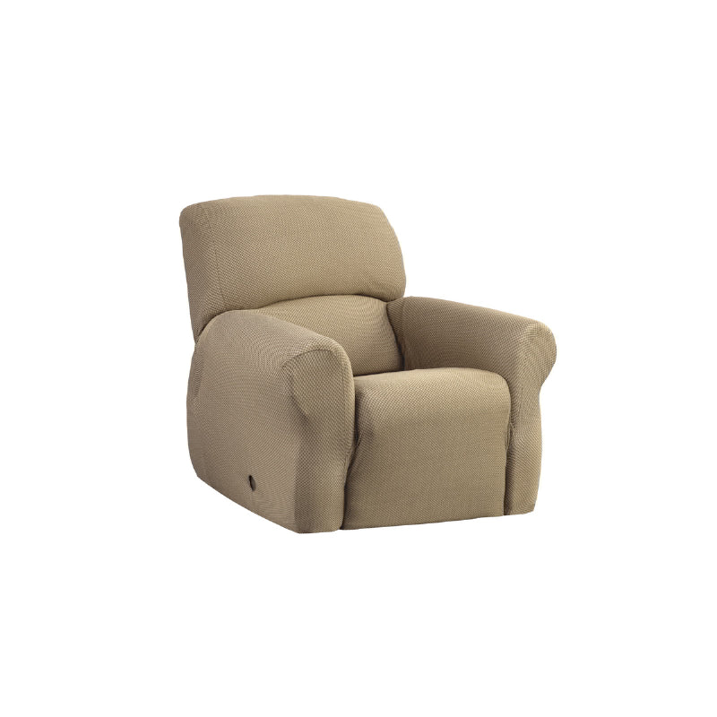 A tan recliner chair covered with a textured slipcover, enhancing comfort and style.