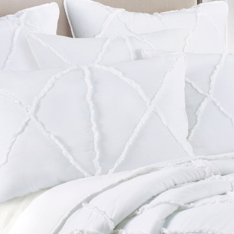 Zoom in details of a white comforter and pillowcase create a serene and elegant bedroom atmosphere with classic ruffle design and luxurious comfort.