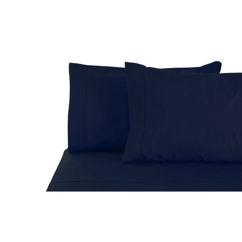 Navy blue sheet sets on a white background, highlighting their elegant design and high-quality cotton material for comfort.