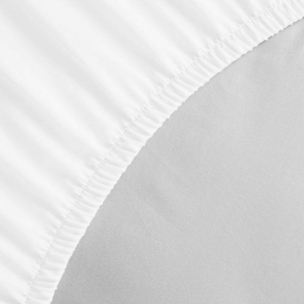 Detailed view of a Jenny Mclean Porto White fitted sheet, highlighting the luxurious feel of the cotton fabric.