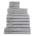 Fourteen plush grey towels arranged in a stack, highlighting their softness and absorbency, ideal for enhancing daily rituals.