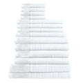 Fourteen plush white towels arranged in a stack, highlighting their softness and absorbency, ideal for enhancing daily rituals.