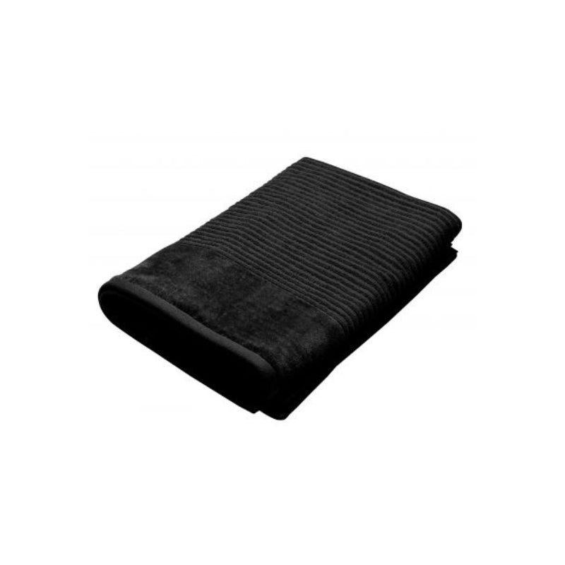 A luxurious black bath sheet against a white backdrop, highlighting its absorbent and durable cotton material.