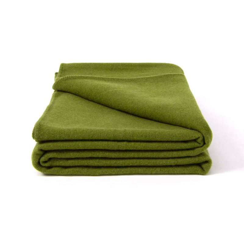 A folded moss green Laconia blanket that is made from premium Australian pure new wool for durability, warmth, and comfort.