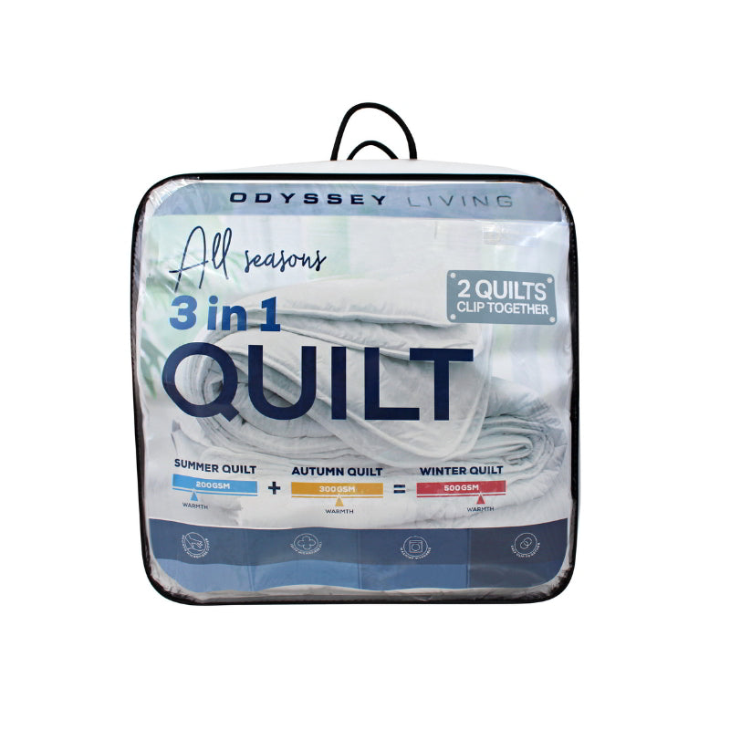 Front packaging details of the Odyssey Living 3 in 1 Quilt ensures comfort in every season, featuring adjustable layers and durable materials for a perfect night's sleep.