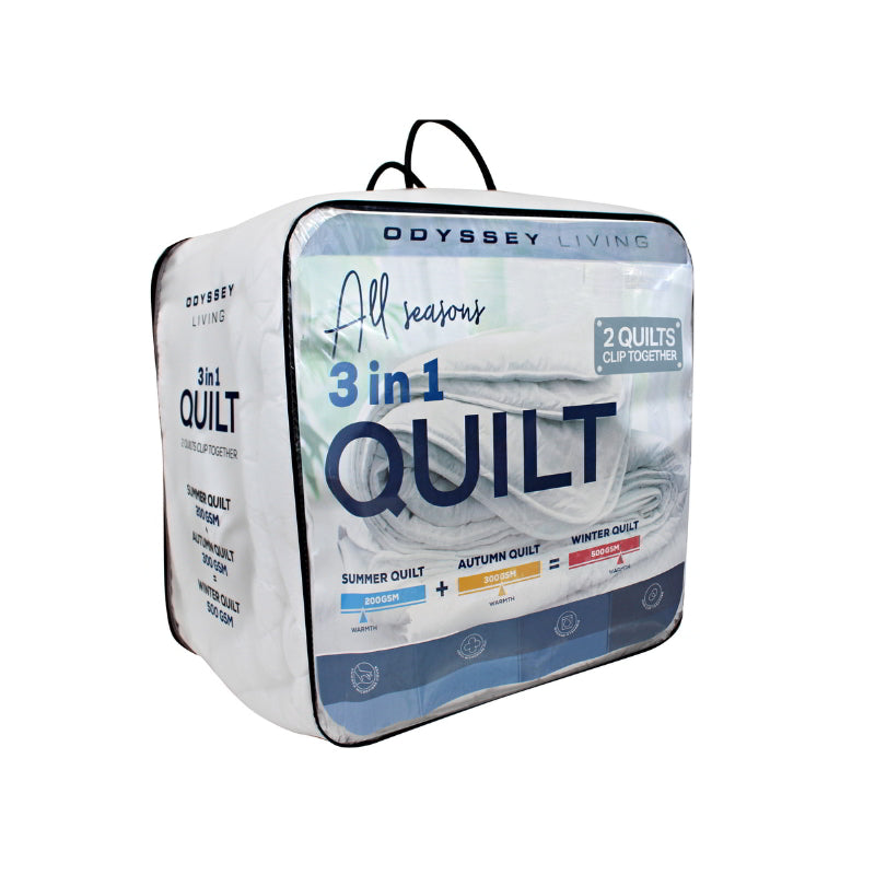 Side packaging details of the Odyssey Living 3 in 1 Quilt ensures comfort in every season, featuring adjustable layers and durable materials for a perfect night's sleep.