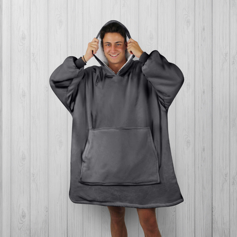 Odyssey Living Adult Snoogie Charcoal Hooded Blanket offers warmth and comfort with flannel and Sherpa, ideal for chilly days.