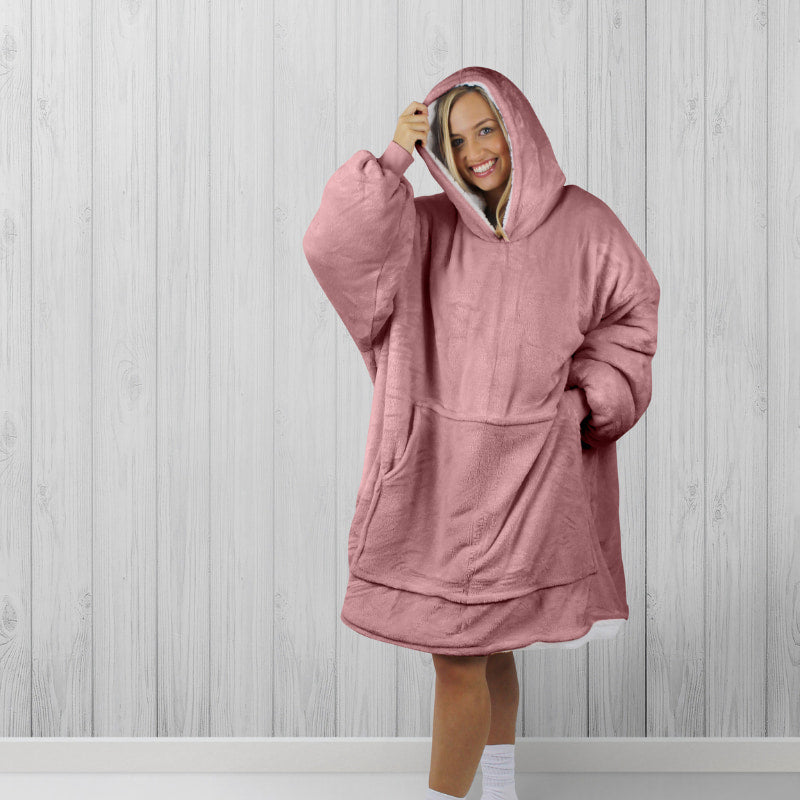 Odyssey Living Adult Snoogie Pink Hooded Blanket offers warmth and comfort with flannel and Sherpa, ideal for chilly days.