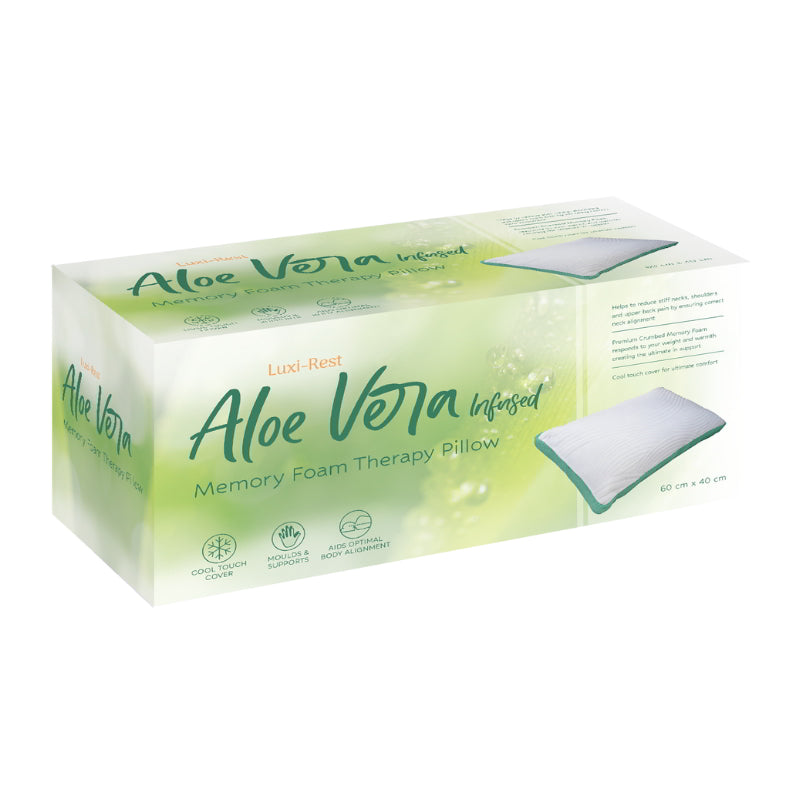 Packaging details of an Aloe Vera Essence Infusion Memory Foam Pillow offers cooling comfort and support for restorative sleep and optimal body alignment.